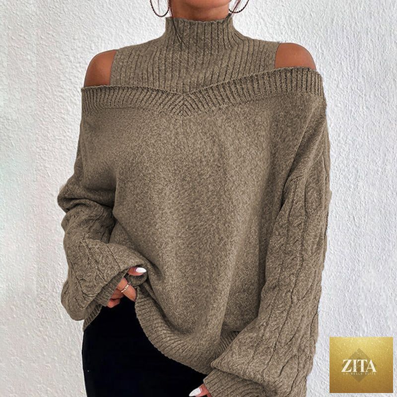 Women's cold shoulder sweater by FitiqueFit featuring a high neck, cut-out shoulders, long sleeves, casual pullover style.