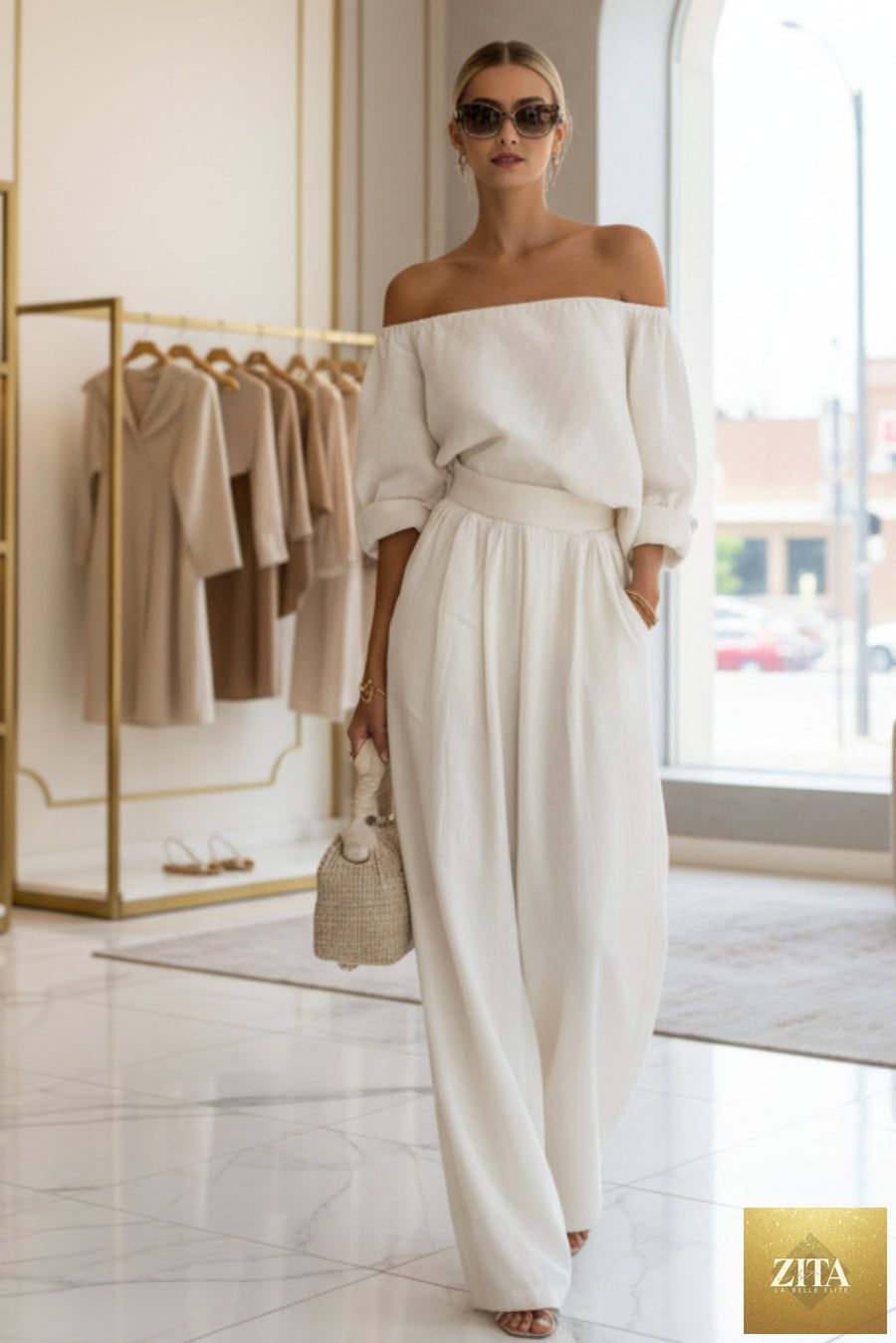 Women's Off-Shoulder Puff Sleeve Blouson Top & High-Rise Wide-Leg Pants Cotton-Linen Set