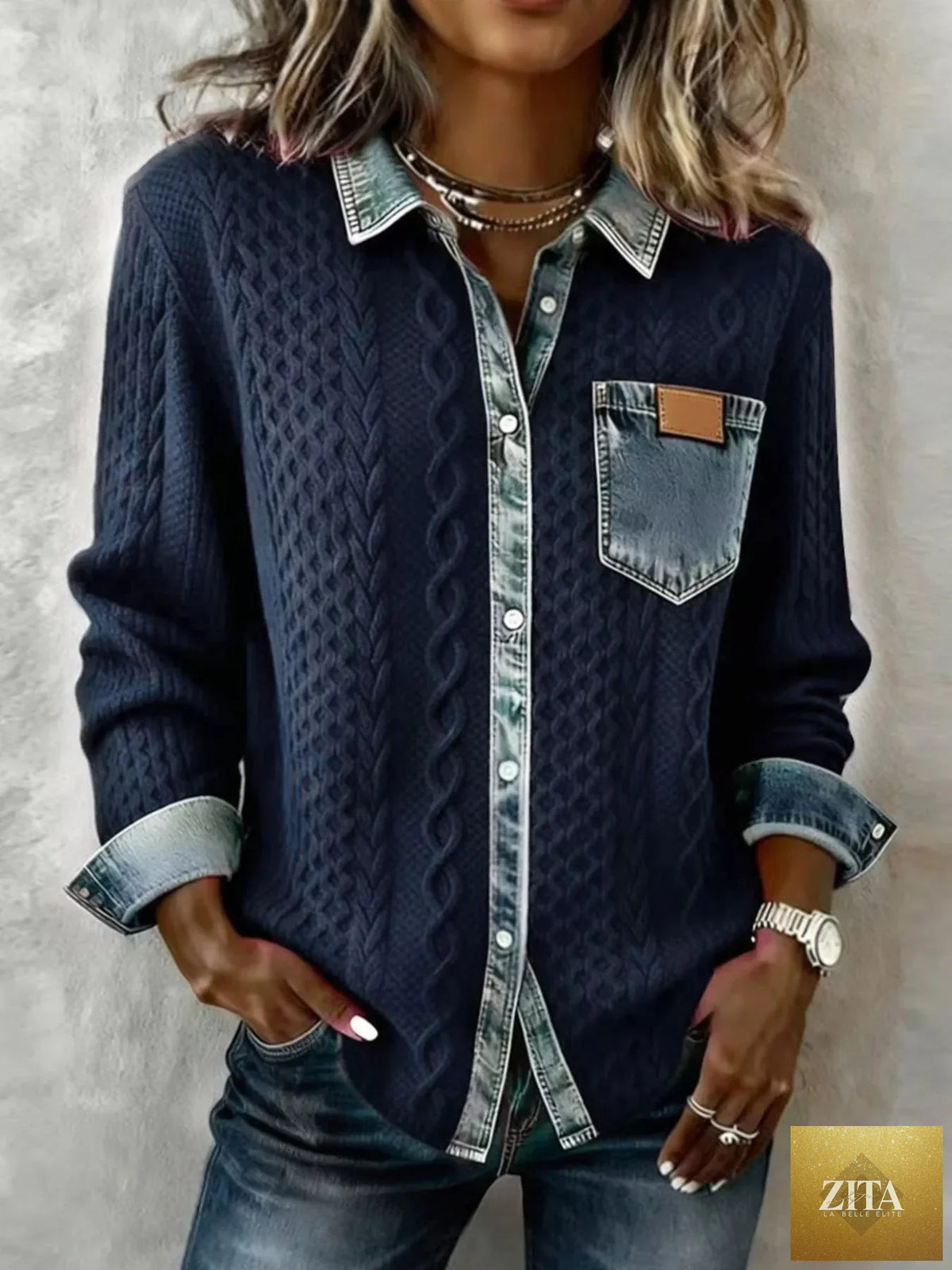 Denim Trim Cable Knit Cardigan