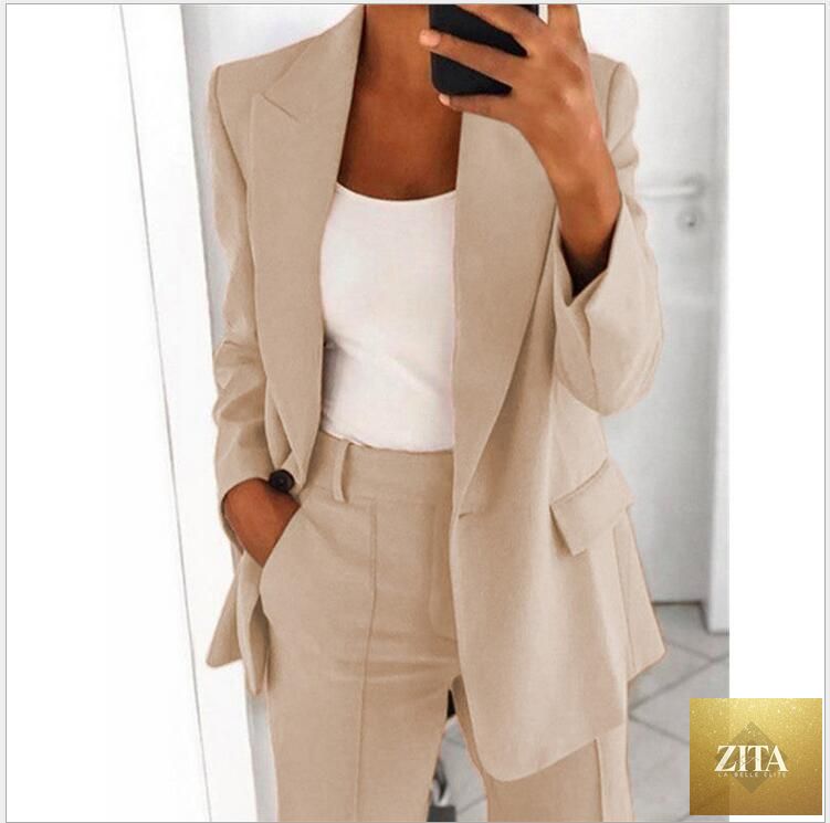 FitiqueFit two-piece suit with a lapel blazer and slim-fit trousers in various colors, shown in a stylish, tailored design.