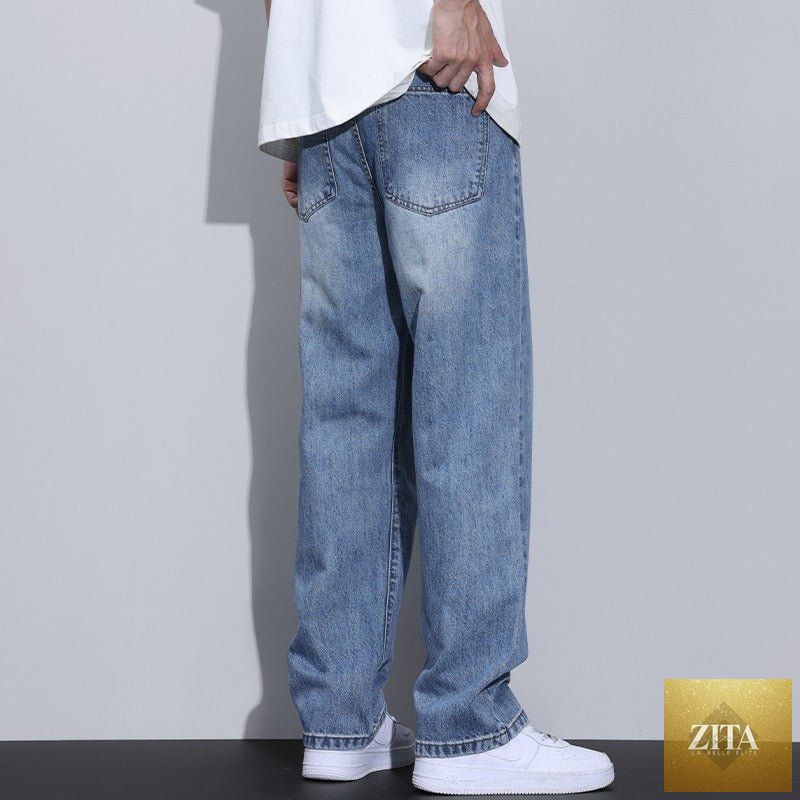 Mandotos men's fleece-lined American style straight leg high street pants, casual and comfortable for everyday wear.
