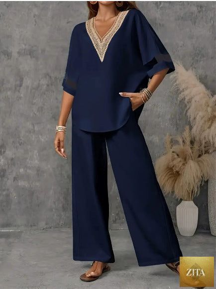 Women's embroidered V-neck top and wide-leg pants set by Zita La Belle Elite in five colors, featuring floral embroidery and relaxed fit.