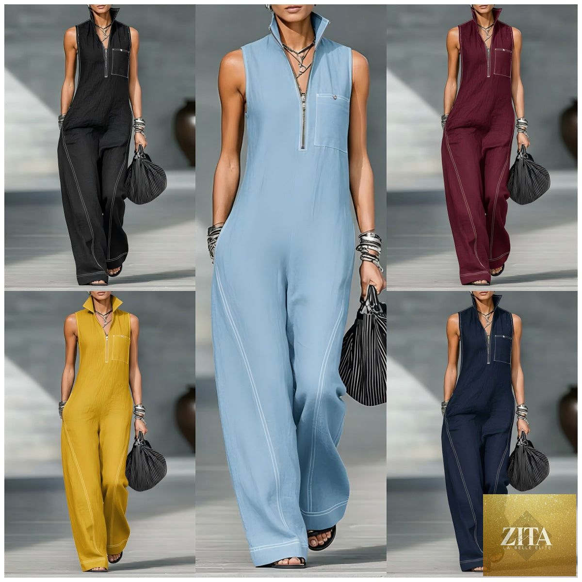 LadyShow.Store sleeveless summer jumpsuit with stand-up collar, pockets, casual style, and tapered trousers for women's fashion.