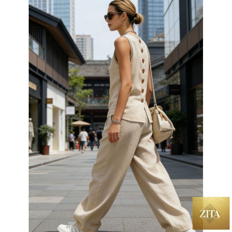 Zita La Belle Elite women's sleeveless cardigan top and matching pants two-piece casualwear set, beige fabric, front view.