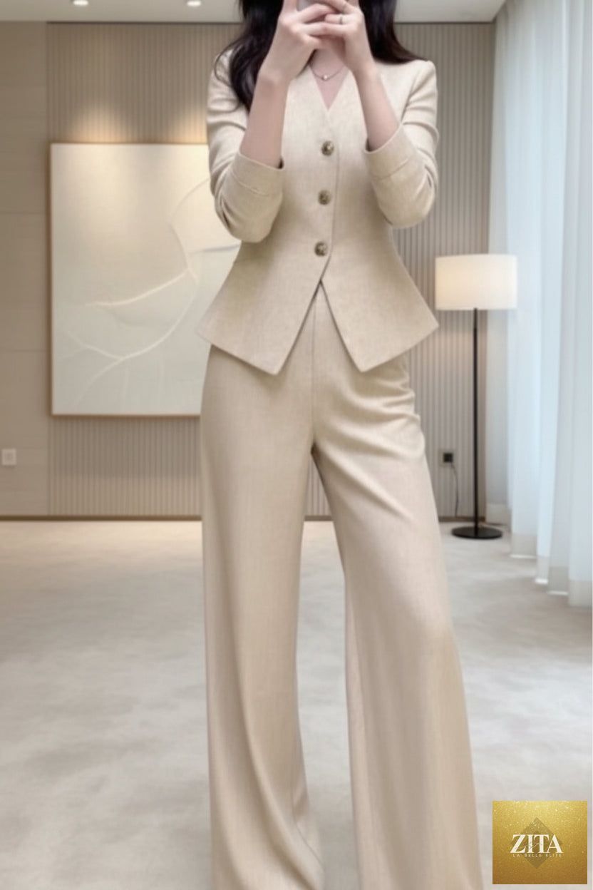 Beige waist-grabbing coat and wide-leg pants set by FitiqueFit, featuring a stylish coat with a tailored fit and flowing wide-leg trousers.