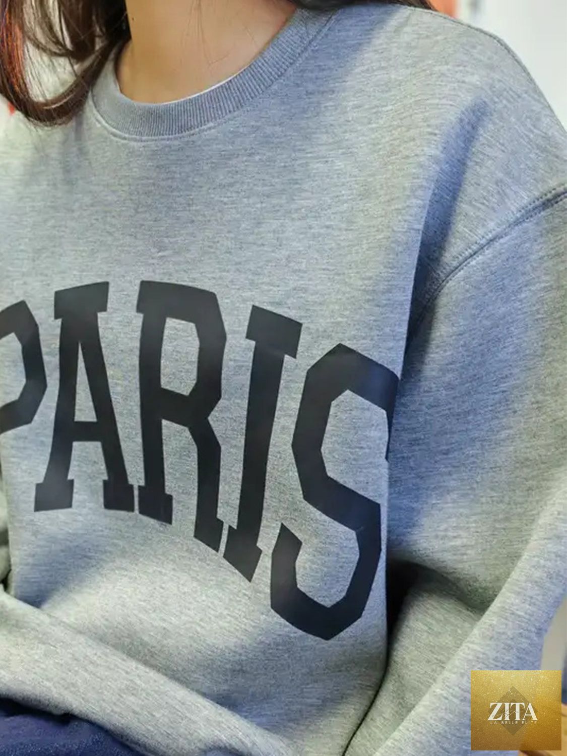 ShopBasicbae Basic Bae PARIS round neck long sleeve air scuba sweatshirt, soft black tops with fitted long sleeves.
