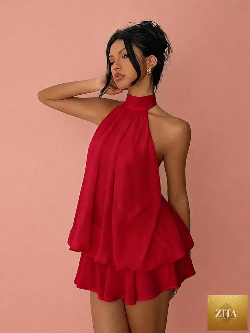 Women's chiffon halter mini dress by FitiqueFit featuring a high-waist, open-back design and A-line silhouette.