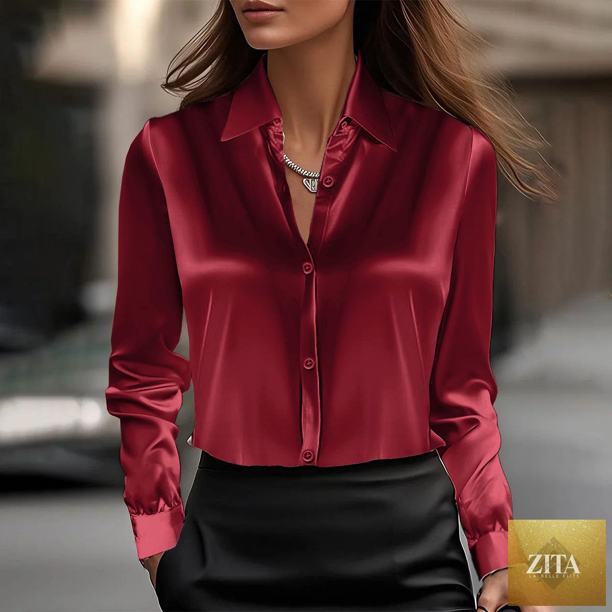 FitiqueFit long sleeve satin swing collar top, elegant casualwear shirt with a smooth satin finish and relaxed fit.