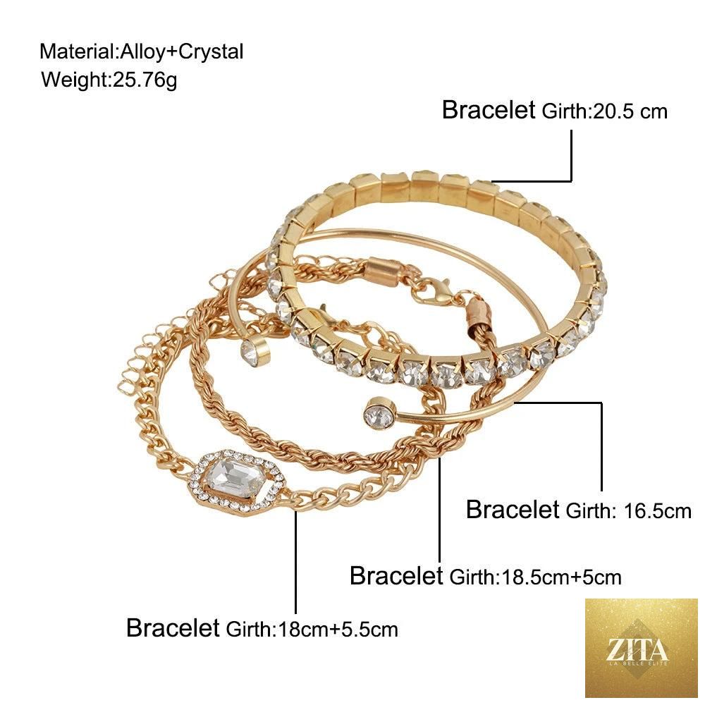 Mandotos fashion jewelry 4-piece crystal bracelet set with bohemian vintage twisted cuff chains for women, stylish armband accessories