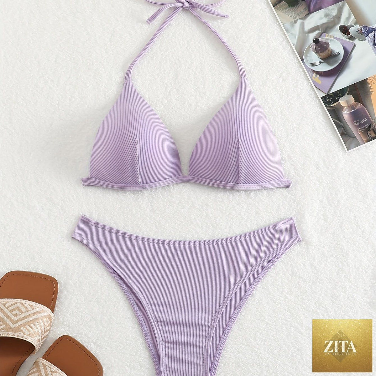 Stevvex rib knit solid color triangle bikini set with adjustable halter ties, spaghetti straps, perfect for summer beach or poolside wear.