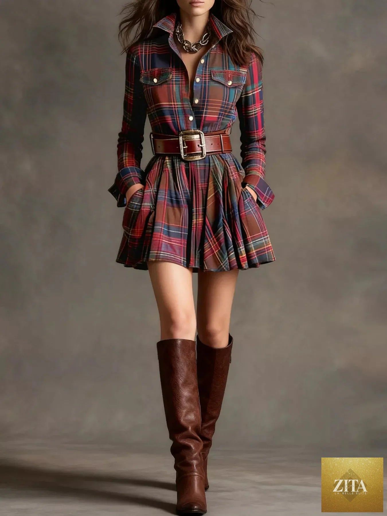 Plaid long sleeve shirt dress by Shopiebay featuring a classic pattern, button-front, and collar, perfect for casual or office wear.