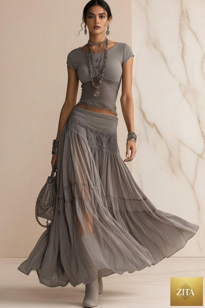 Women's Ribbed Knit Fringe-Hem Crop Top & Tiered Crinkle Chiffon Maxi Skirt Boho-Luxe Set