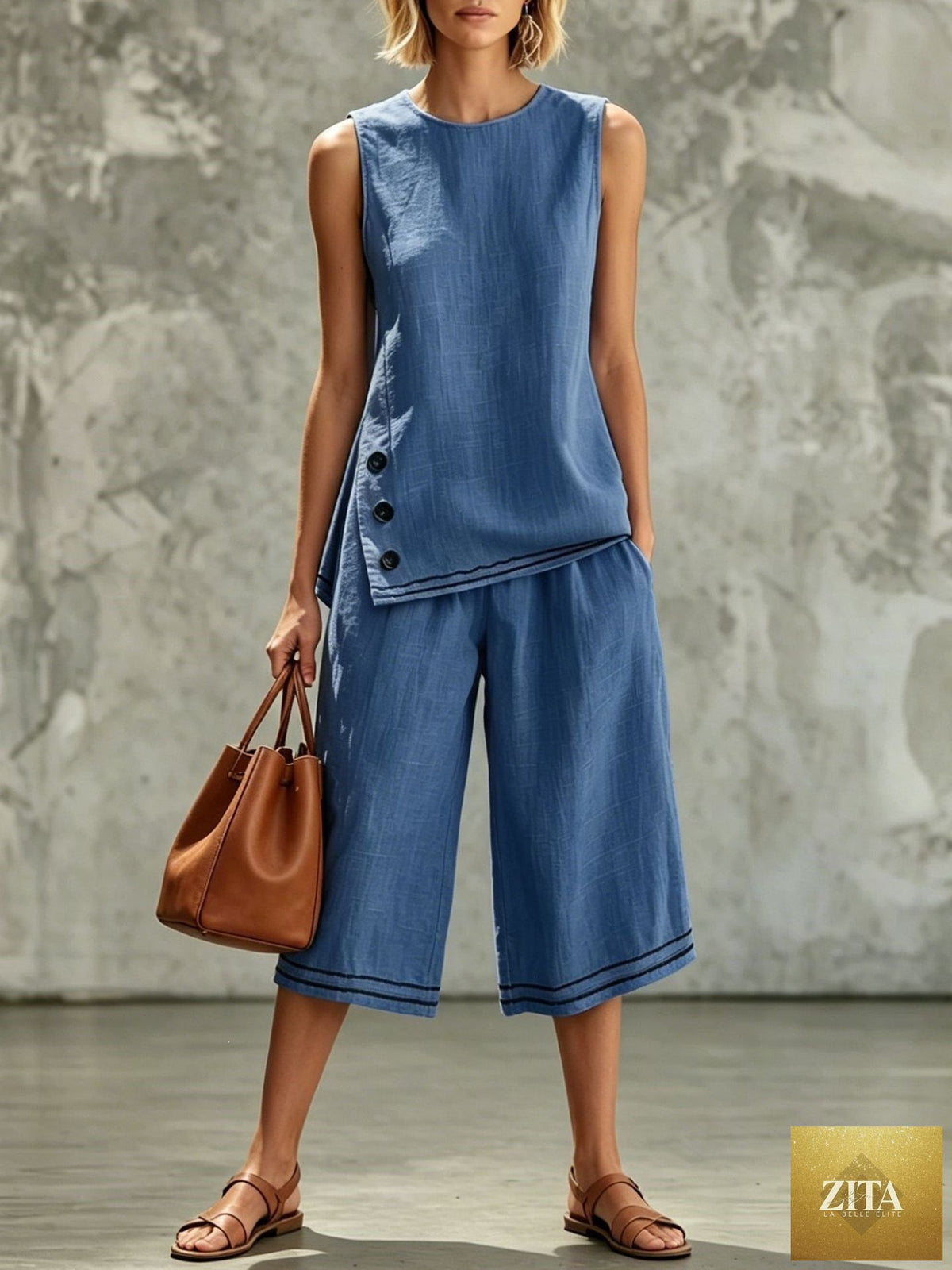 Zita La Belle Elite women's tank top and wide-leg pants set with side split, pockets, and buttons, shown in a stylish outfit.