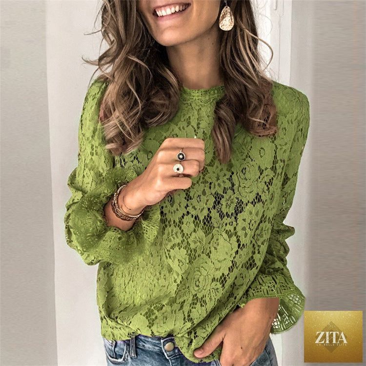 Women's long-sleeve lace splicing top by Zita La Belle Elite featuring hollow lace details and a stylish, fitted design.