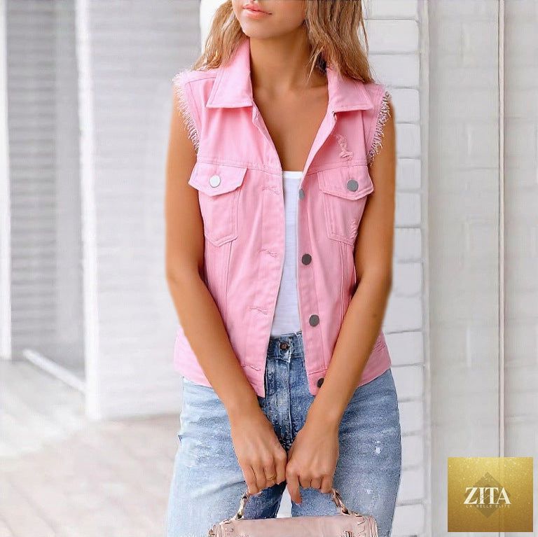 Colorful women's denim-style vest jacket by Zita La Belle Elite, casual spring and summer wear with vibrant patchwork design.