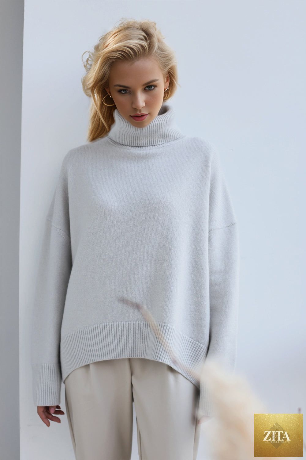 ShopBasicbae basic beige turtleneck sweater with dropped shoulders and long sleeves, casual and cozy for everyday wear.