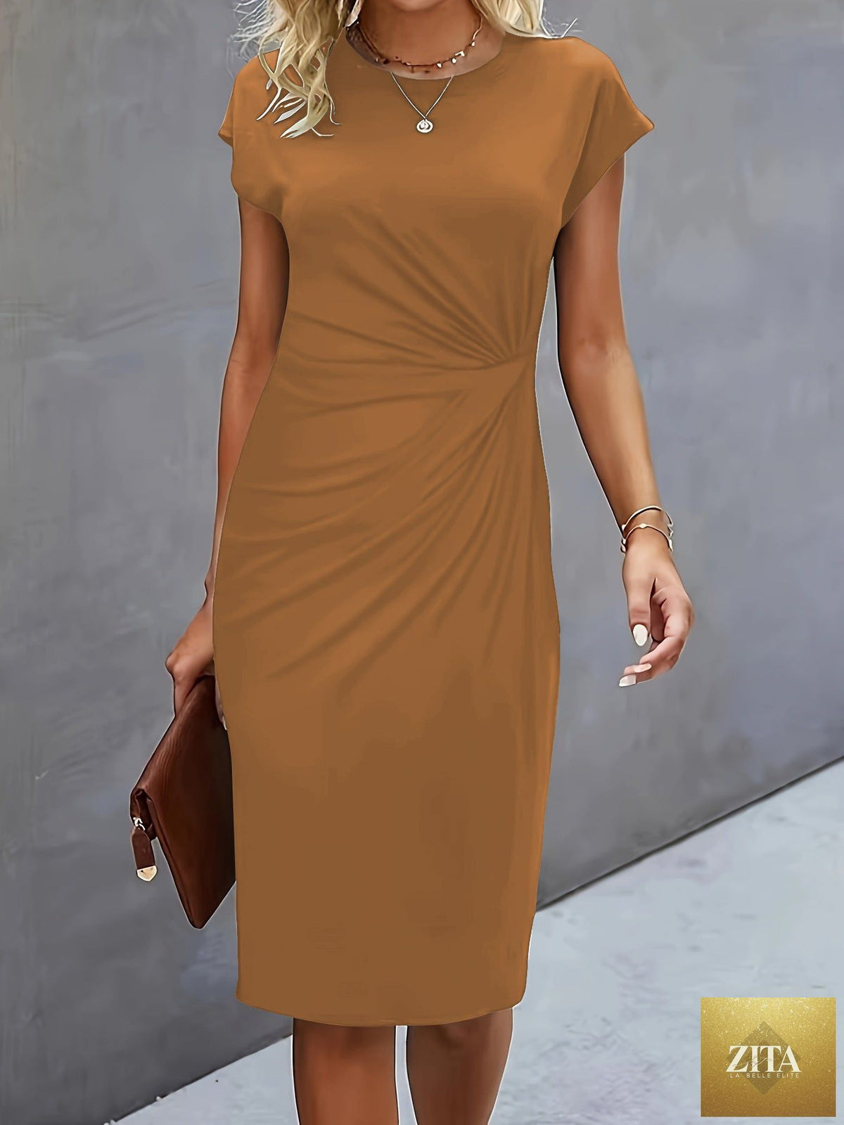 FitiqueFit front knot sleeveless midi dress with round neckline, featuring a stylish tie detail and fitted bodycon silhouette.