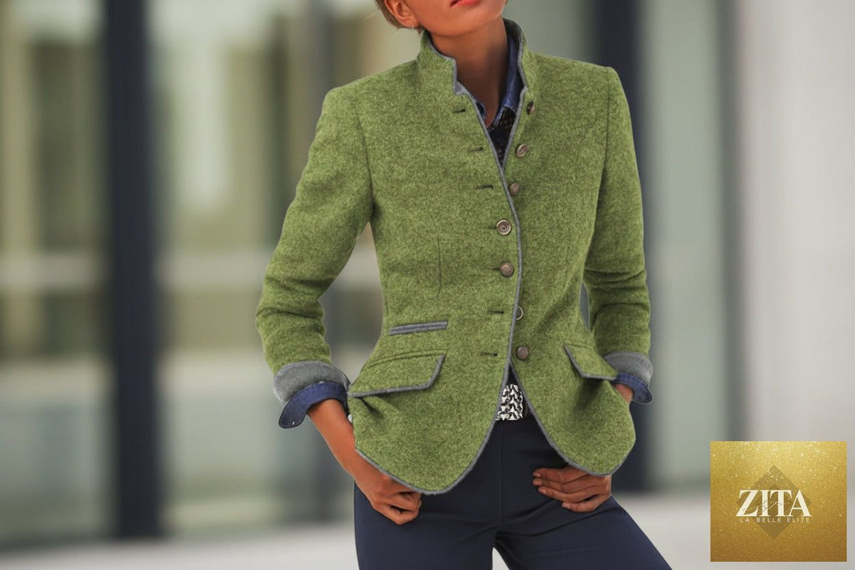 Women’s color-block woolen coat by FitiqueFit, casual elegant jacket with multi-buttons, showcasing a stylish and warm outerwear design.