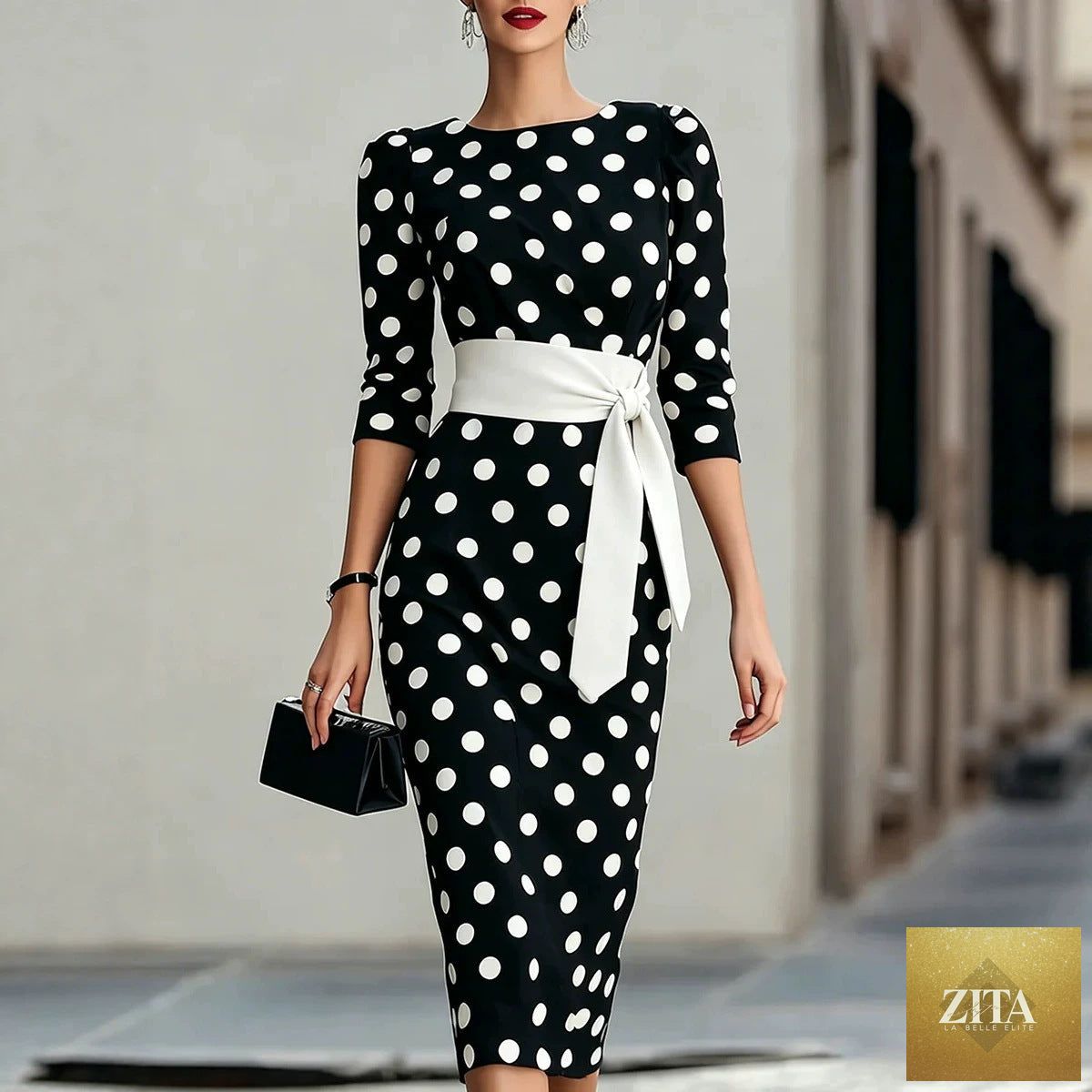 Women's retro polka-dot bodycon midi dress with belt and cross-tie detail, casualwear by Zita La Belle Elite, featuring a fitted silhouette.