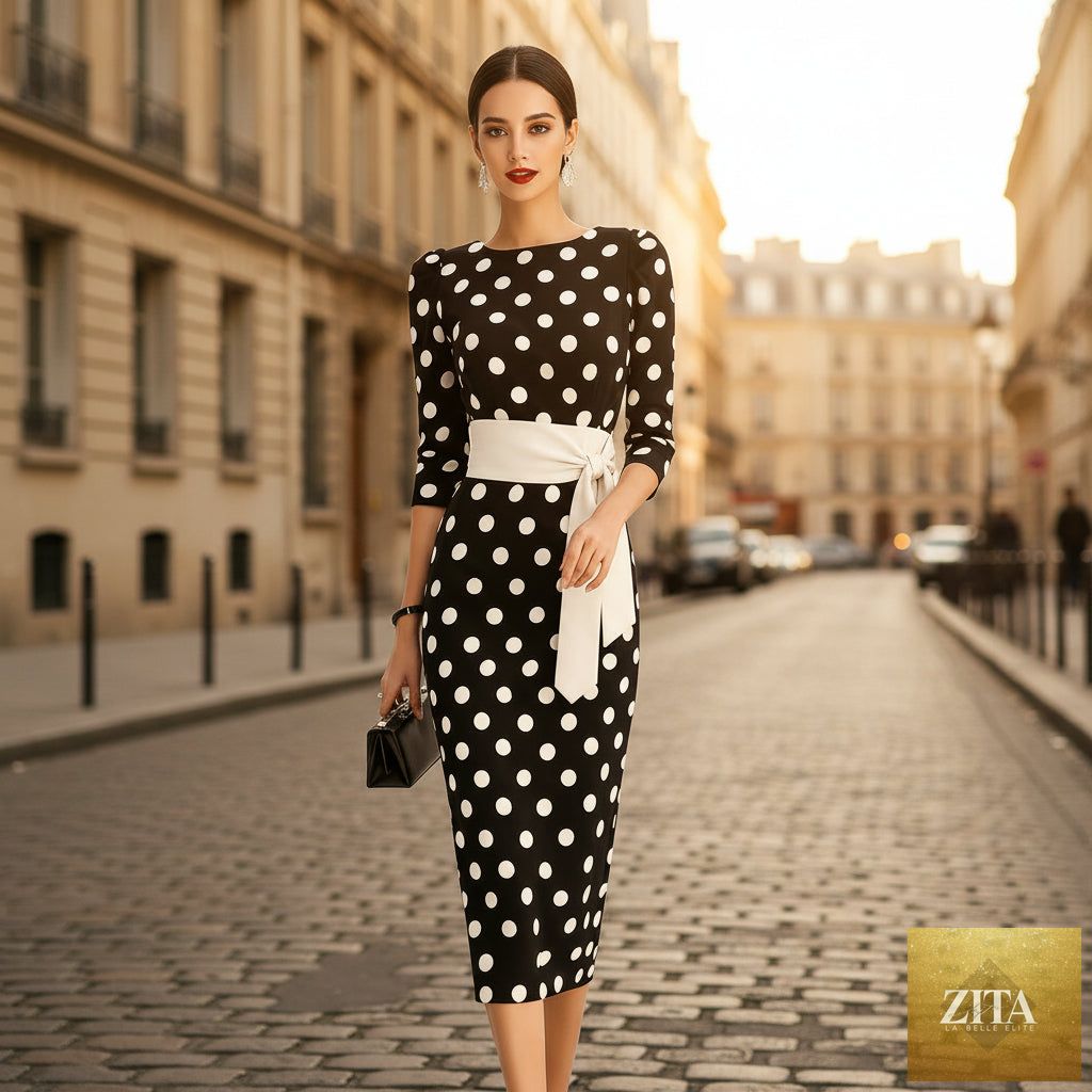 Women's retro polka-dot bodycon midi dress by FitiqueFit featuring a belted cross-tie waist and casualwear style.