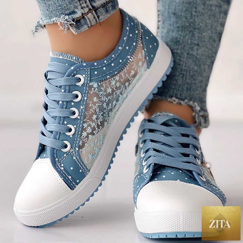 Women's floral embroidered polka dot print sneakers by FitiqueFit, casual canvas shoes with colorful floral embroidery and polka dot design.