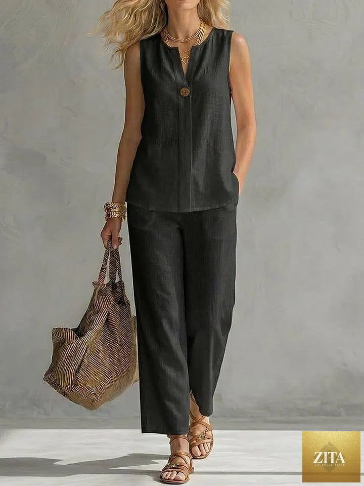 Zita La Belle Elite women's sleeveless V-neck top and full-length pants casualwear two-piece set, light and comfortable outfit.
