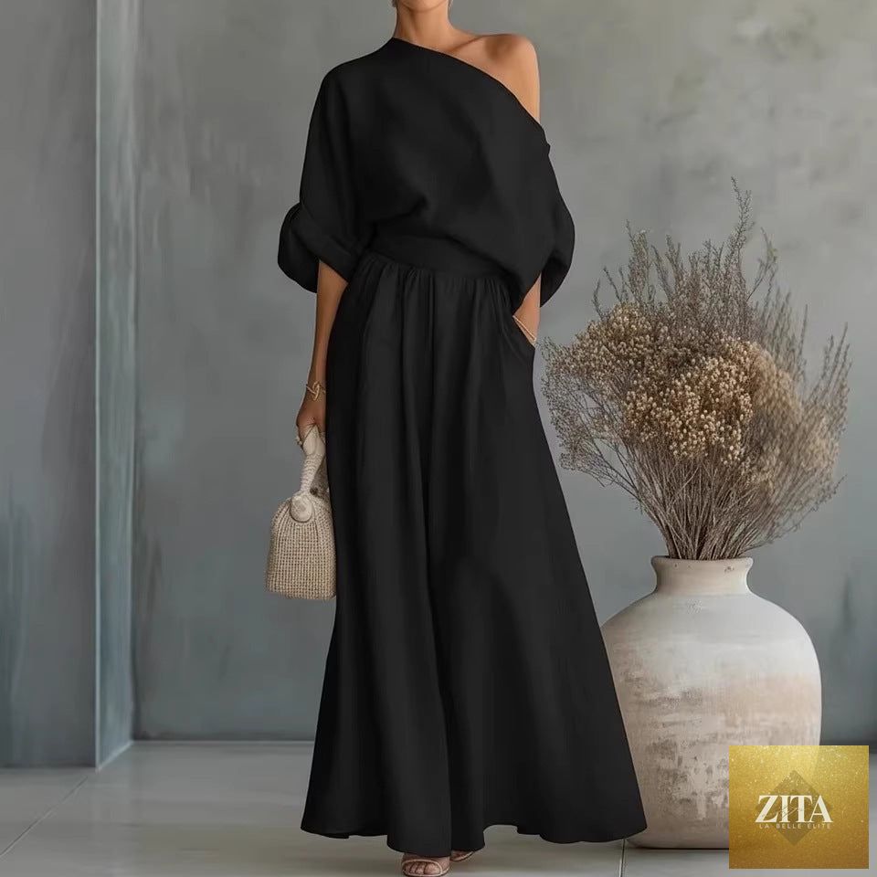 Zita La Belle Elite cropped off-shoulder top and pants two-piece casualwear set in multiple colors, available in S–5XL.