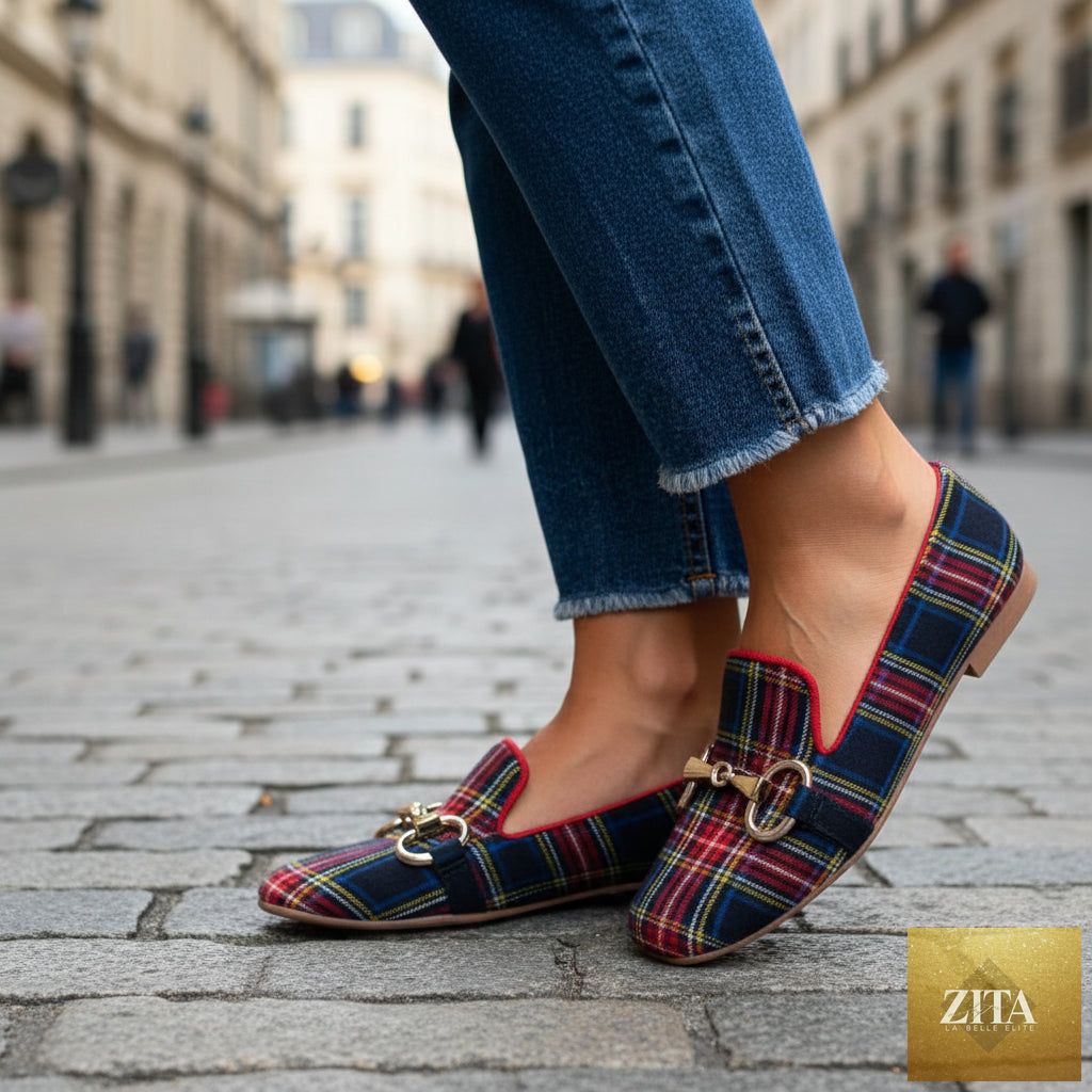 Red and blue women's plaid square toe flats by FitiqueFit featuring buckle detail and casual footwear style.