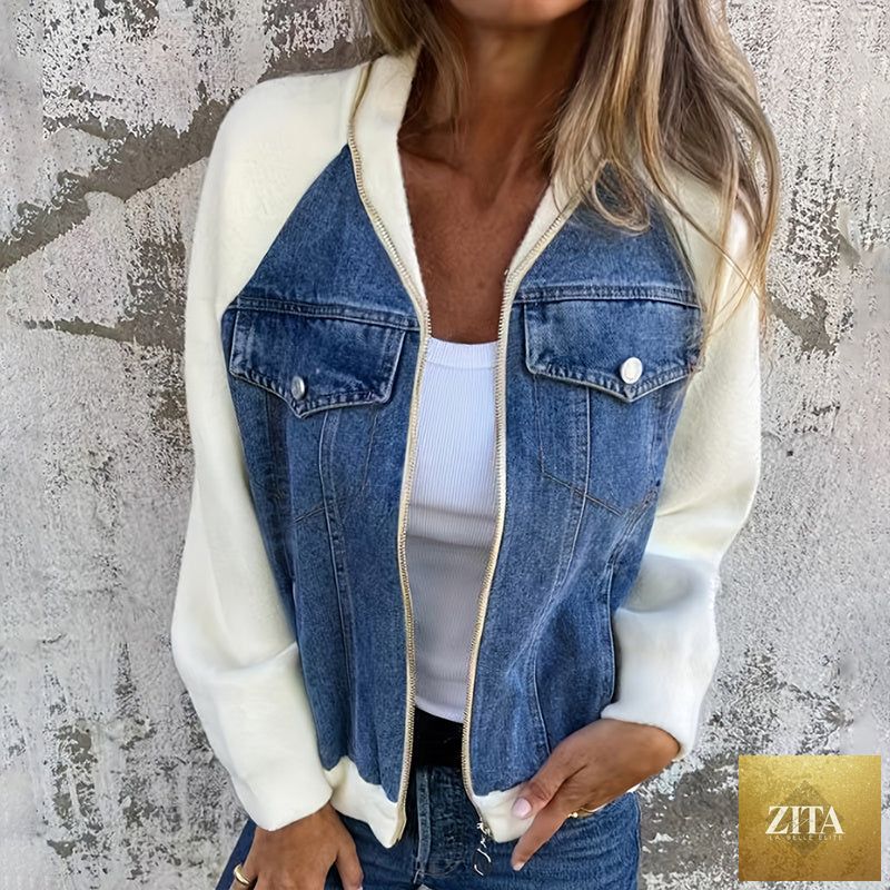 Women's denim patchwork zip-up jacket by FitiqueFit, featuring casual style with mixed fabric patches and front zipper closure.