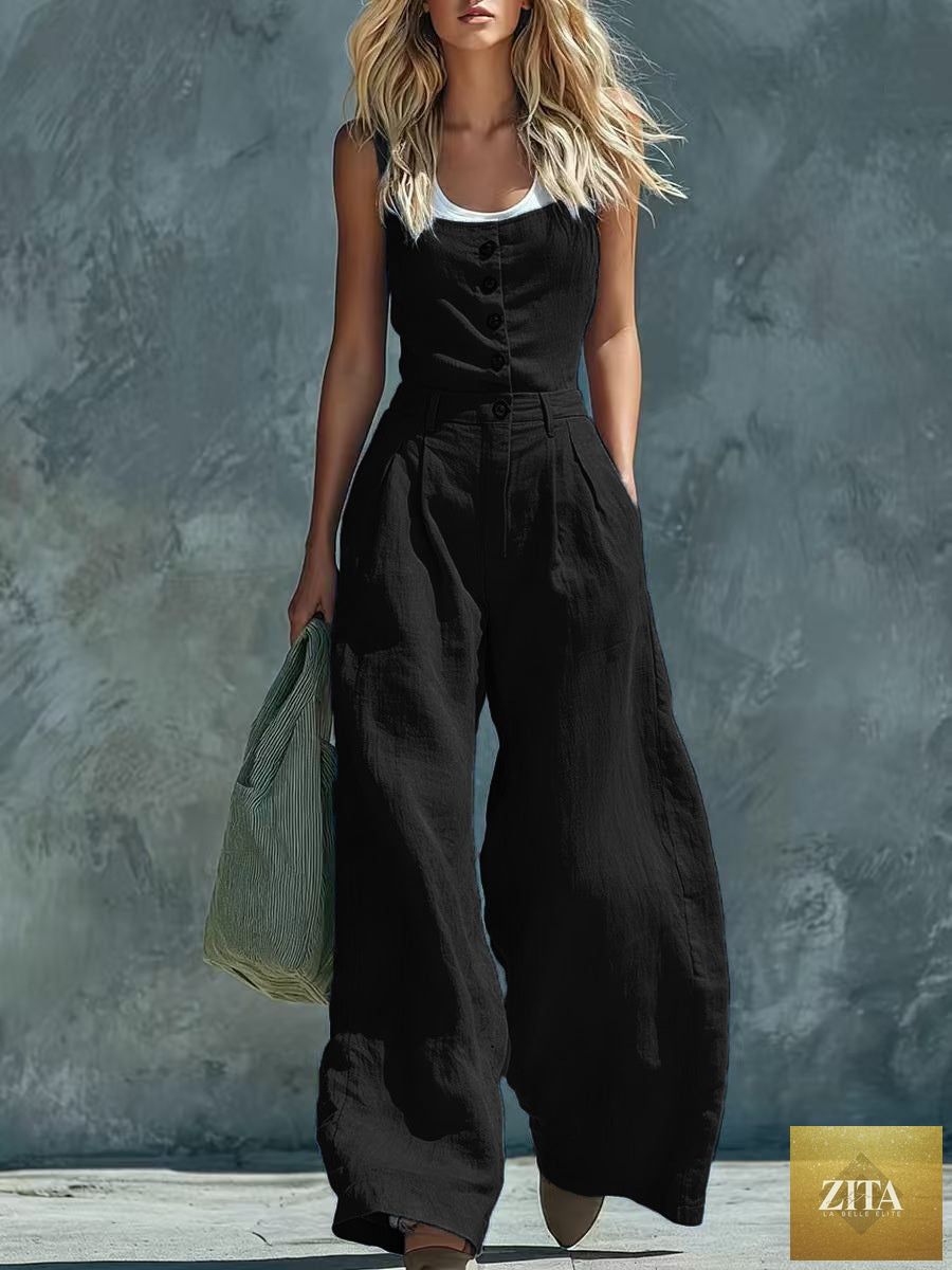 Women’s retro button-front high-waist wide-leg jumpsuit by Zita La Belle Elite, casualwear with a stylish vintage-inspired design.