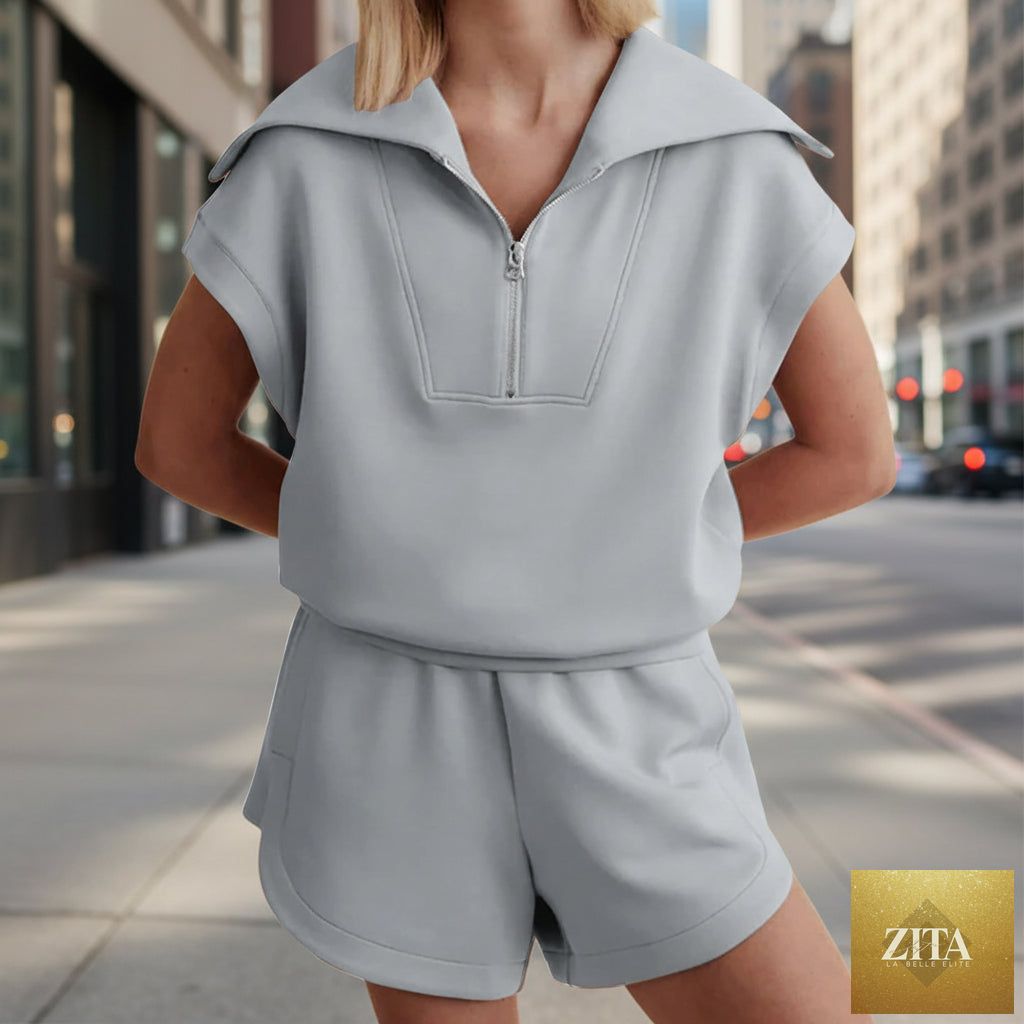 FitiqueFit half-zip lapel sweatshirt and shorts two-piece set in multiple colors, casual sporty outfit for women.