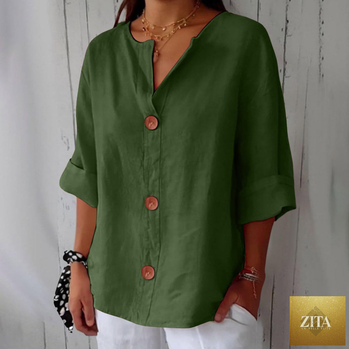 Women's V-neck cotton linen blouse with buttons, casual FitiqueFit top, lightweight and breathable fabric perfect for everyday wear.