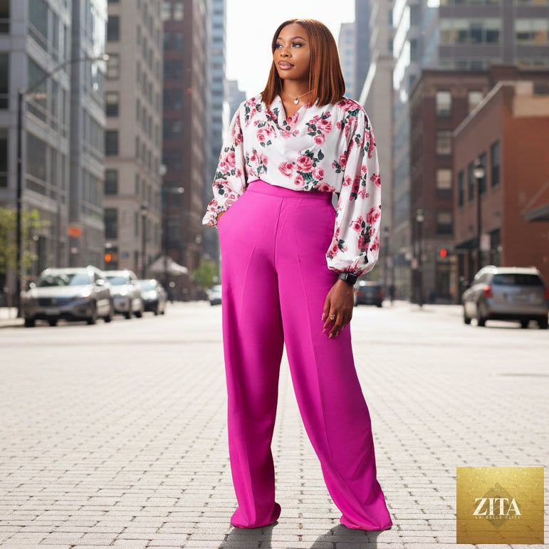 Zita La Belle Elite printed floral lace-up top and wide-leg pants set in four colors, casualwear for S–3XL, shown in a styled outfit.