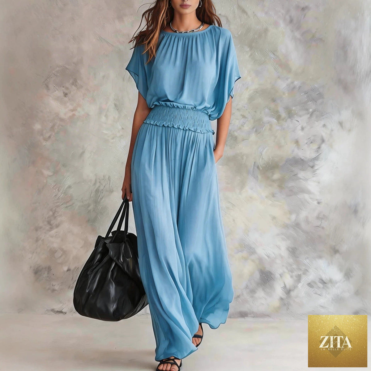 Women's chiffon high-waist ruched maxi dress by FitiqueFit, flowing fabric with elegant ruching and a high waist design.