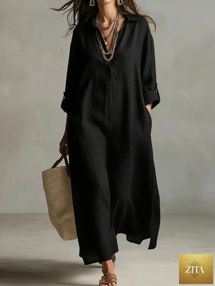 Women's casual linen shirt dress with long sleeves and relaxed fit, by Zita La Belle Elite, shown in a natural fabric drape.