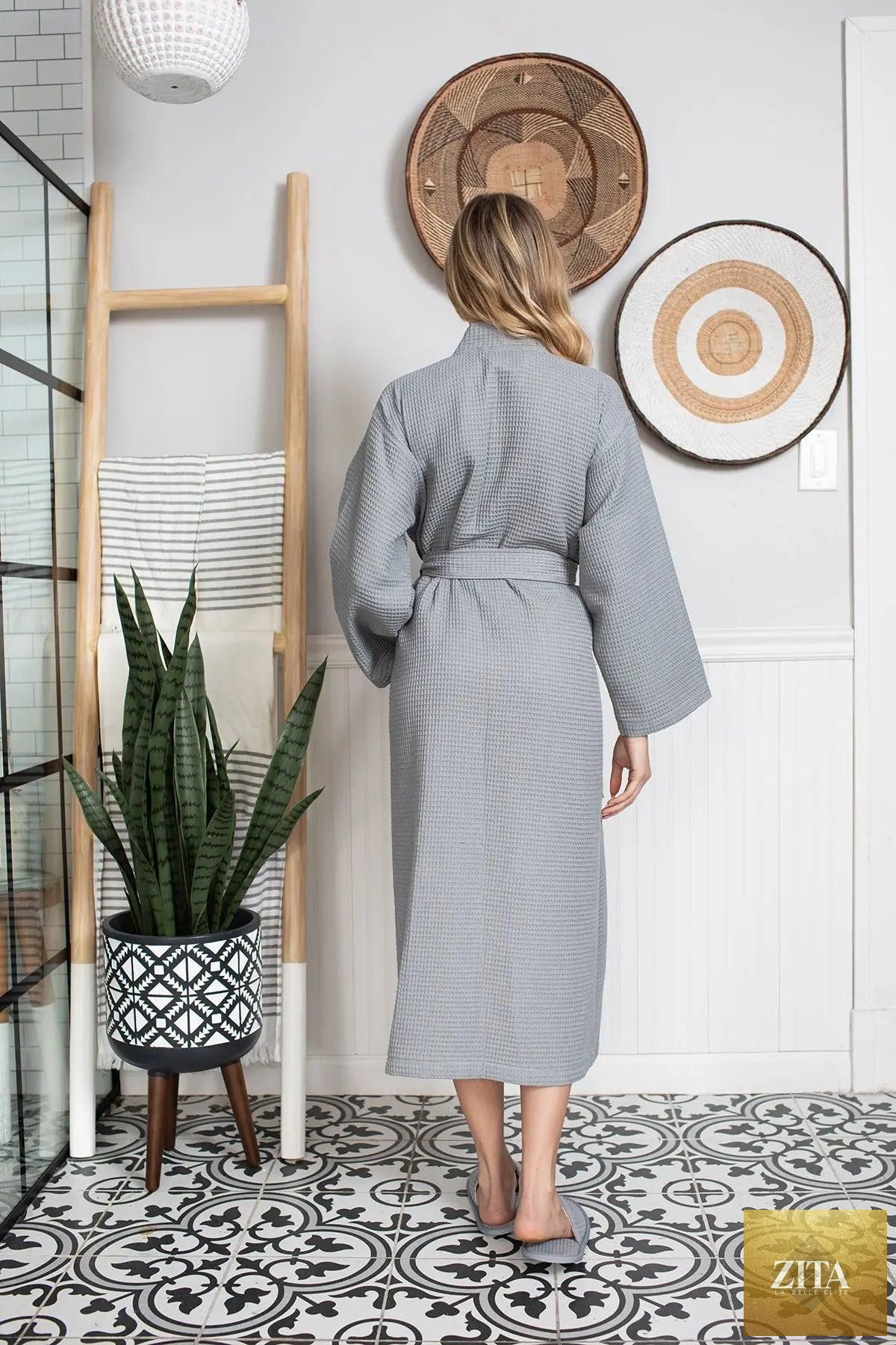 Lightweight Lotus Linen women's waffle robe with quick-dry spa comfort, eco-friendly fabric, perfect for lounging and relaxation.