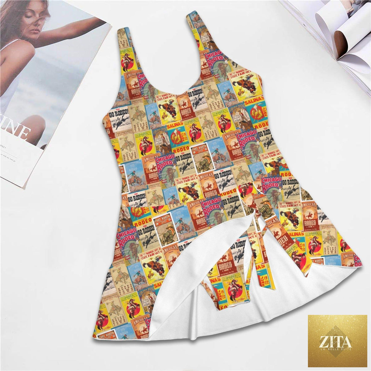 Vintage Rodeo Poster Baha Ranch Western Wear one-piece swimsuit with skirt detail, featuring western-inspired design and bold print.