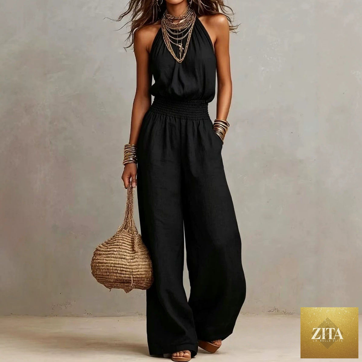 Women's FitiqueFit halter-neck backless wide-leg jumpsuit in solid color, stylish streetwear jumpsuit for women.