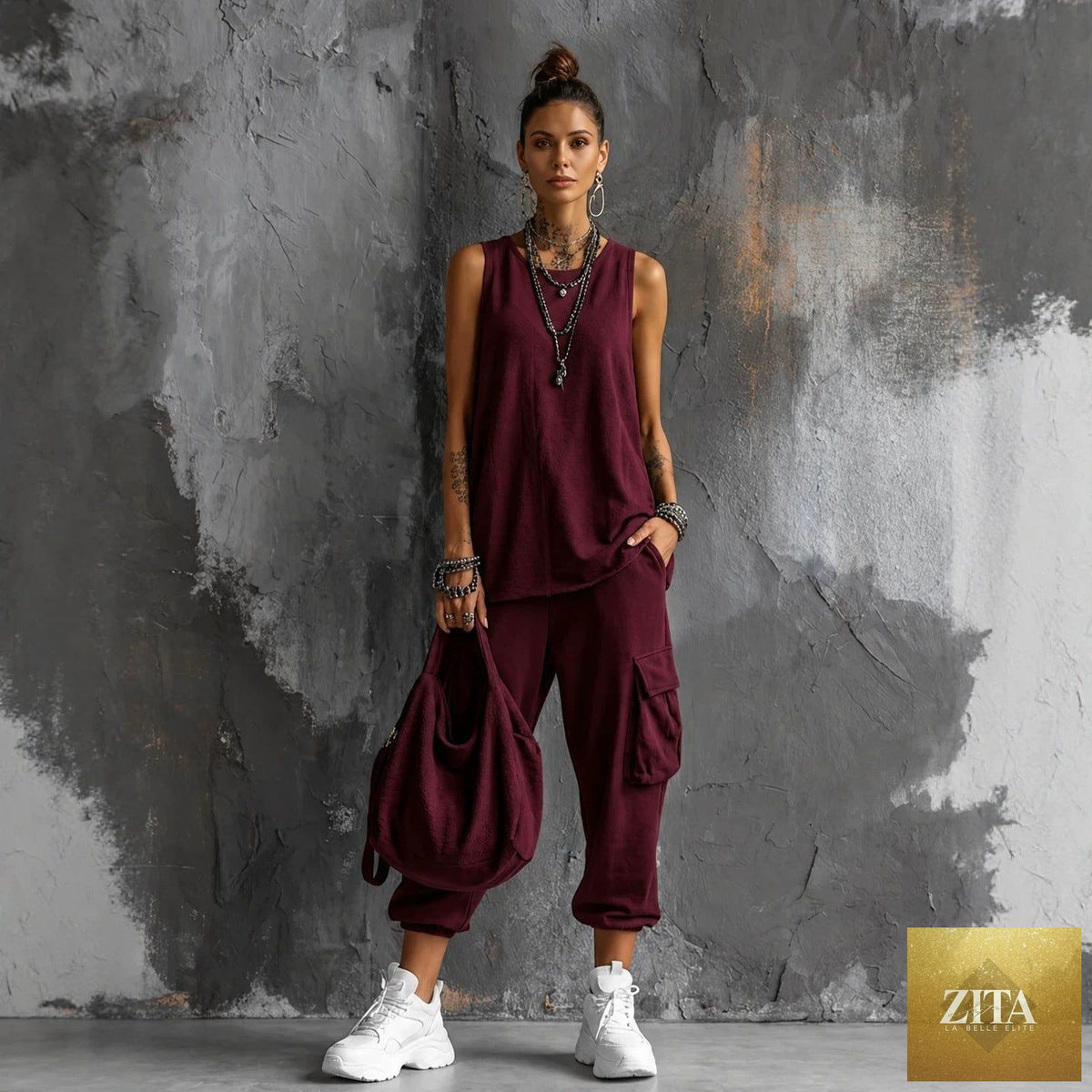 Zita La Belle Elite women's sleeveless tank top and cropped ankle pants two-piece set, stylish and comfortable casual outfit.