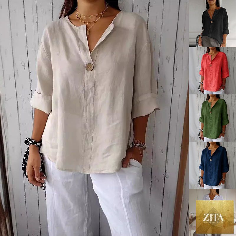Women's Zita La Belle Elite V-Neck long-sleeve button top, loose fit casual blouse with a relaxed fit and stylish V-neck design.