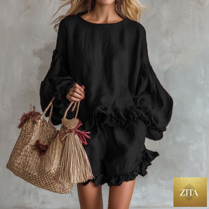 Women's lantern sleeve top and shorts two-piece casualwear set by Zita La Belle Elite, featuring loose fit and stylish design.