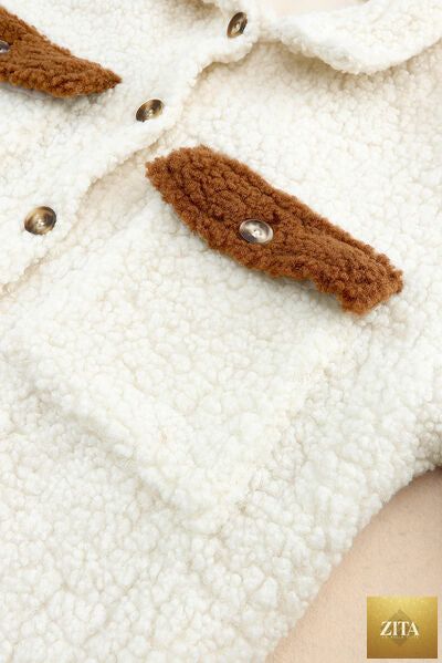Women cute Sherpa jacket with button closure and collared neck, stylish retro design by Stevvex, cozy and fashionable outerwear.