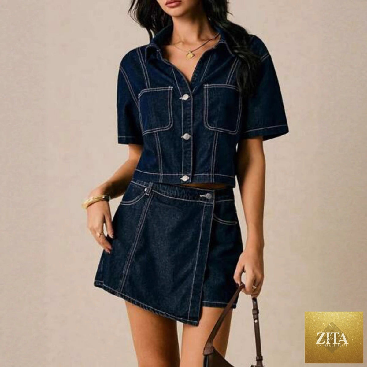 Women's loose denim shirt-dress and pants two-piece set by FitiqueFit, featuring cotton fabric and casual style.