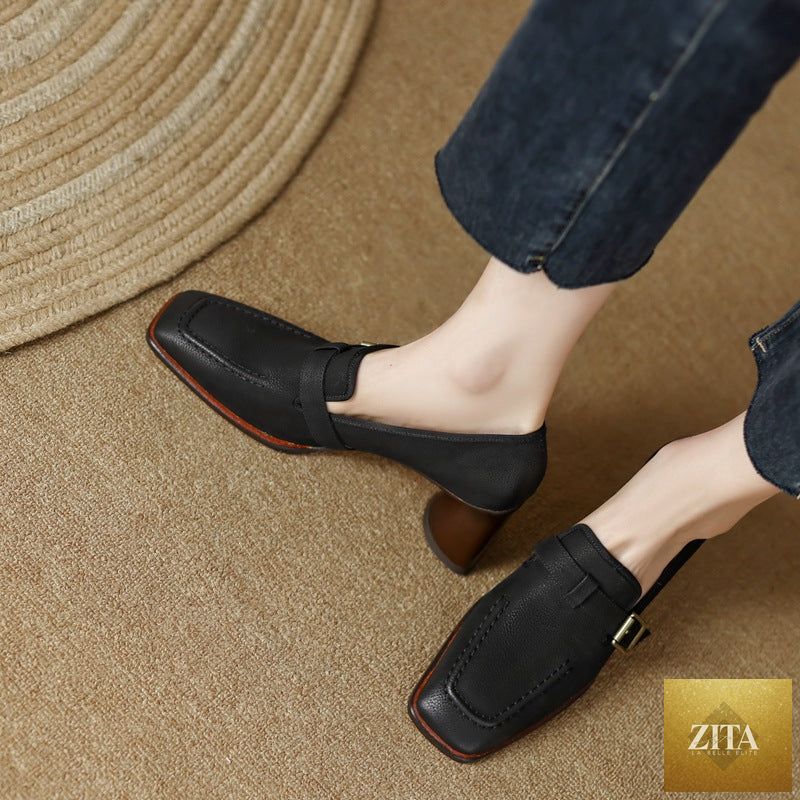 Women's retro British style chunky heel leather shoes by FitiqueFit with round toe, ideal for commuting.