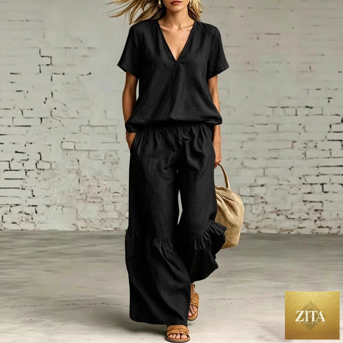 Zita La Belle Elite casualwear set with v-neck short-sleeve top and matching pants in various colors, available in sizes S to 5XL.