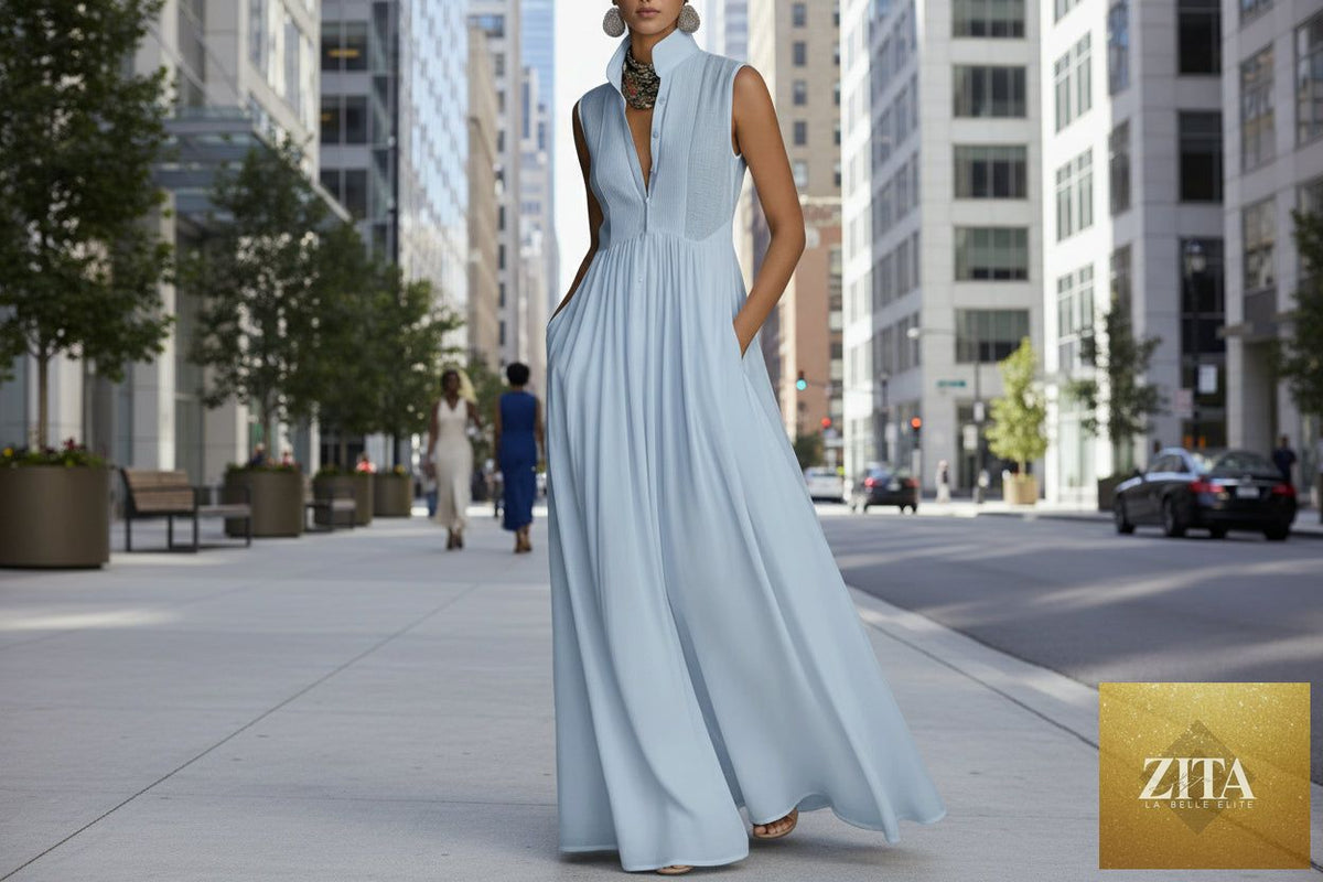 Women's French-style high-waist midi dress with ribbon tie, casualwear by FitiqueFit, shown in a stylish, elegant design.