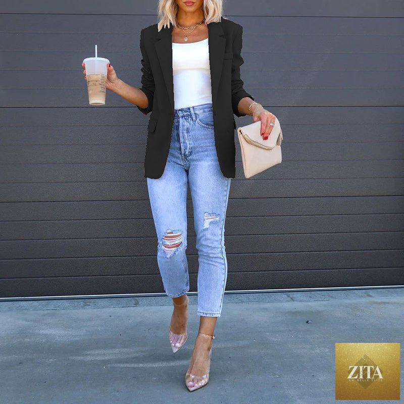 Women’s open-front casual blazer by FitiqueFit, showcasing a lightweight, stylish blazer with a relaxed fit and open front design.