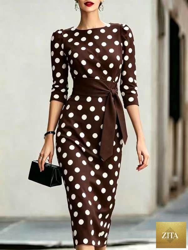 Women's retro polka-dot bodycon midi dress by Zita La Belle Elite, featuring a belted cross-tie and casualwear style.