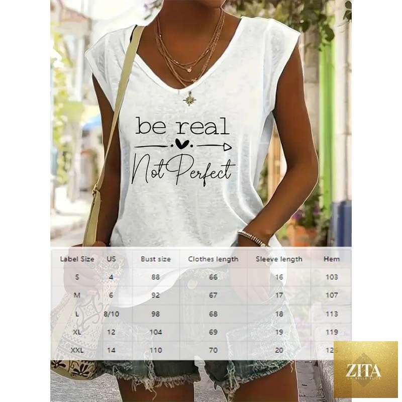 Women's V-neck slogan print short sleeve T-shirt from Zita La Belle Elite, casual summer top with comfortable fit.