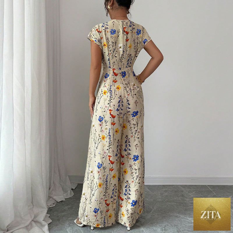 Autumn Short-sleeved Waist-cinching Wide-leg Pants